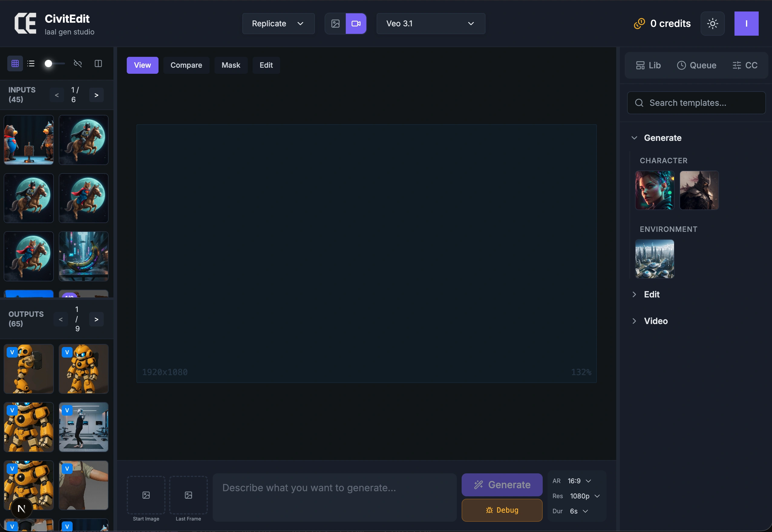 CiviEdit Workspace - Gallery, Canvas, and Properties panels